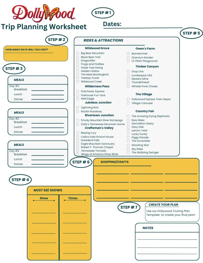 Dollywood Trip Planning Worksheet