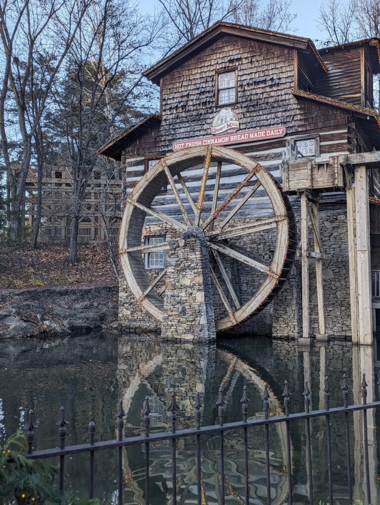 Picture of the grist mill at Dollywood. View of the water and mill