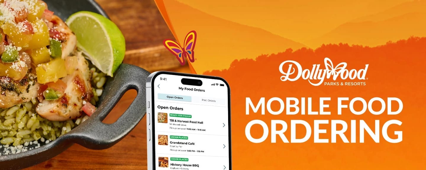 Skip the Lines, Savor the Fun: Mastering Mobile Ordering at Dollywood 1 Image of food and a cell phone with the dollywood mobile app displayed