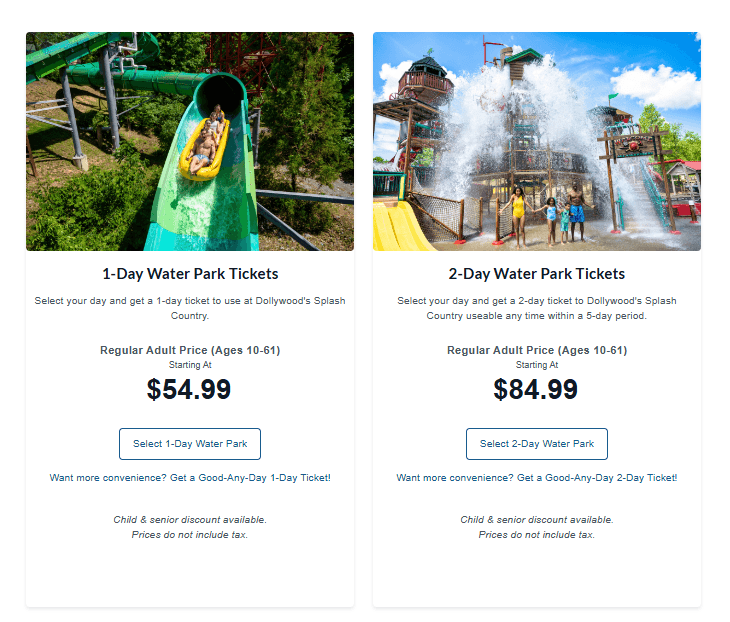 Dollywood’s Splash Country 4 2026 Splash Country Day Ticket Pricing