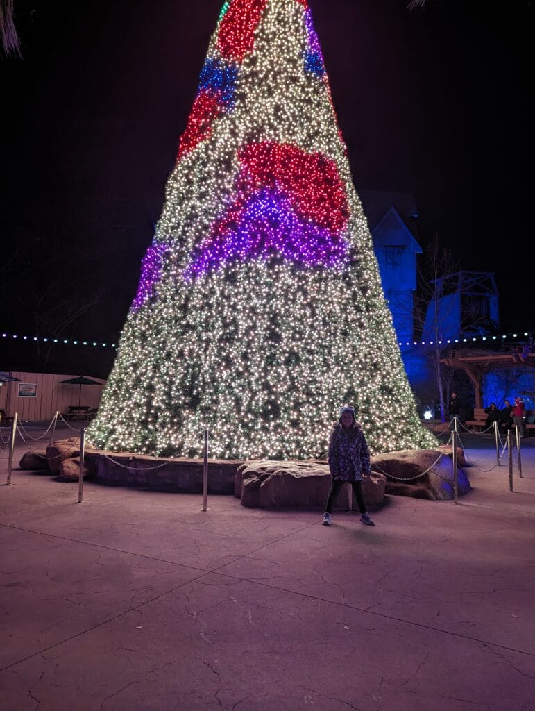 Child in front of Christmas Tree at Dollywood during Smoky Mountain Christmas Festival