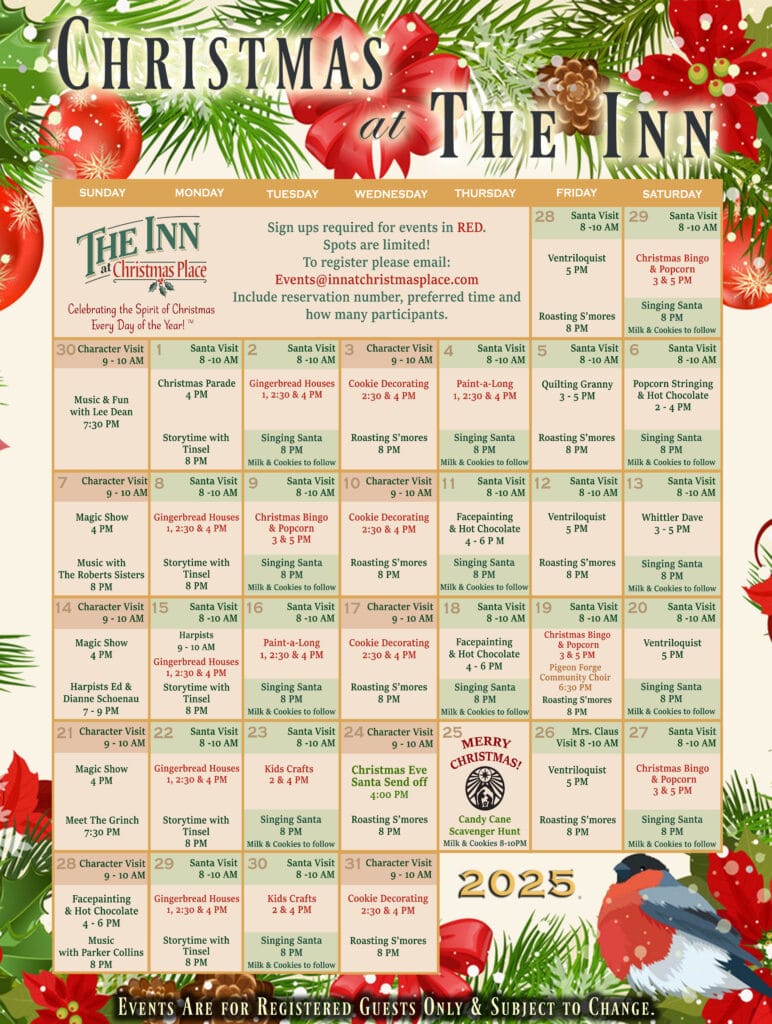 2025 Christmas Calendar of Events. Photo Credit: The Inn at Christmas Place