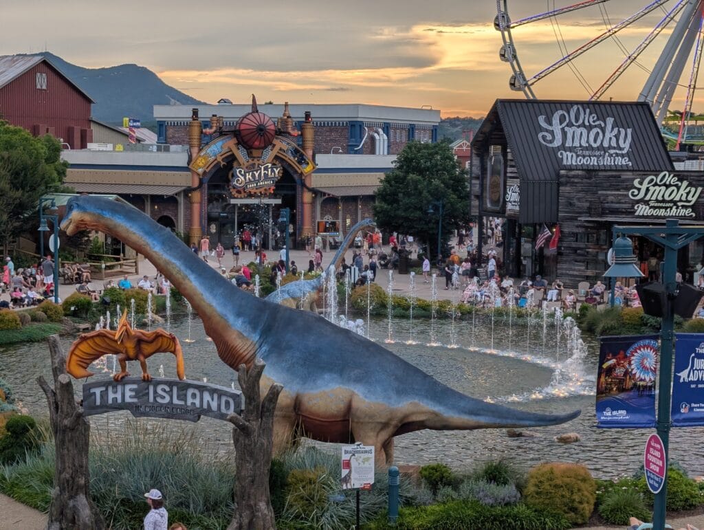 Dinosaur and Fountain at The Island in Pigeon Forge, TN Photo Credit: Lindsay Harvey