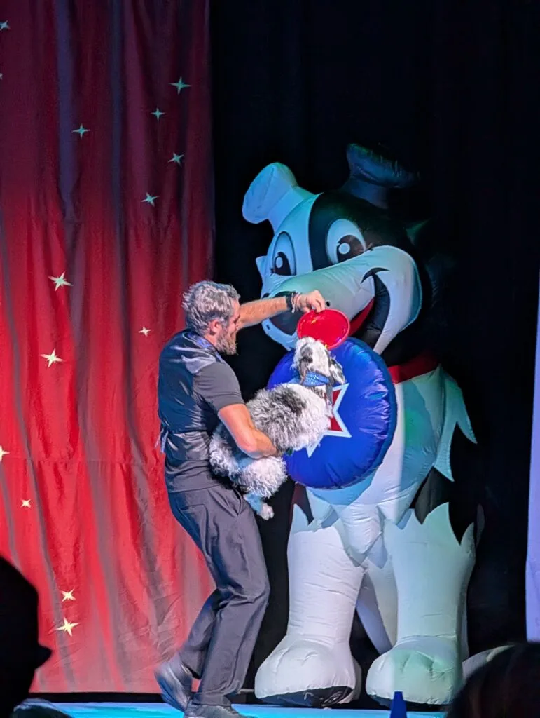 Man holding a dog with a frisbee at the Perondi's Stunt Dog Experience at Dollywood