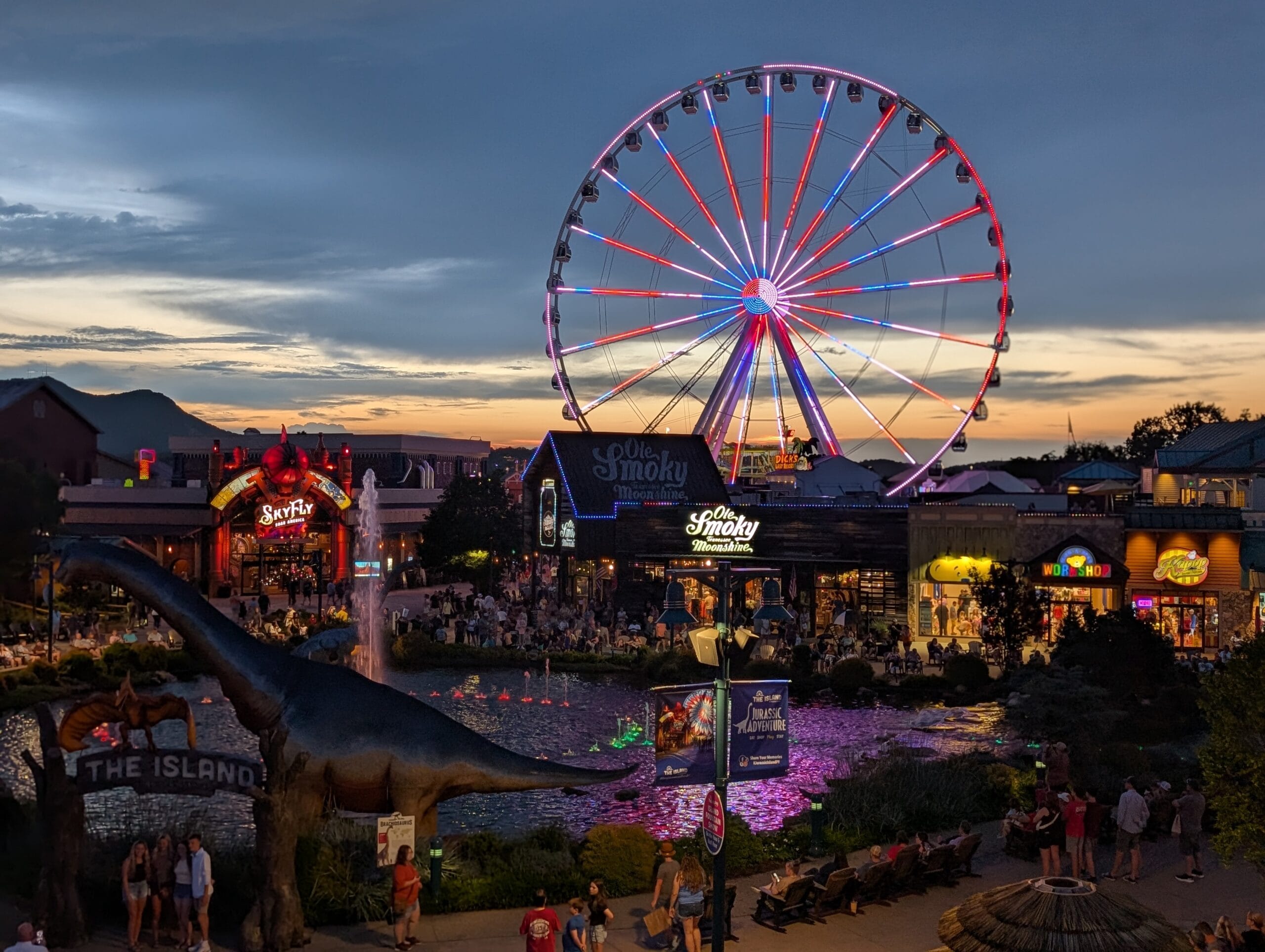 Best Pigeon Forge Nightlife for Adults: Things to Do After Dark in the Smoky Mountains 1 Nightview of the The Island Fountain area from a balcony at Margaritaville Island Hotel at The Island in Pigeon Forge, TN
