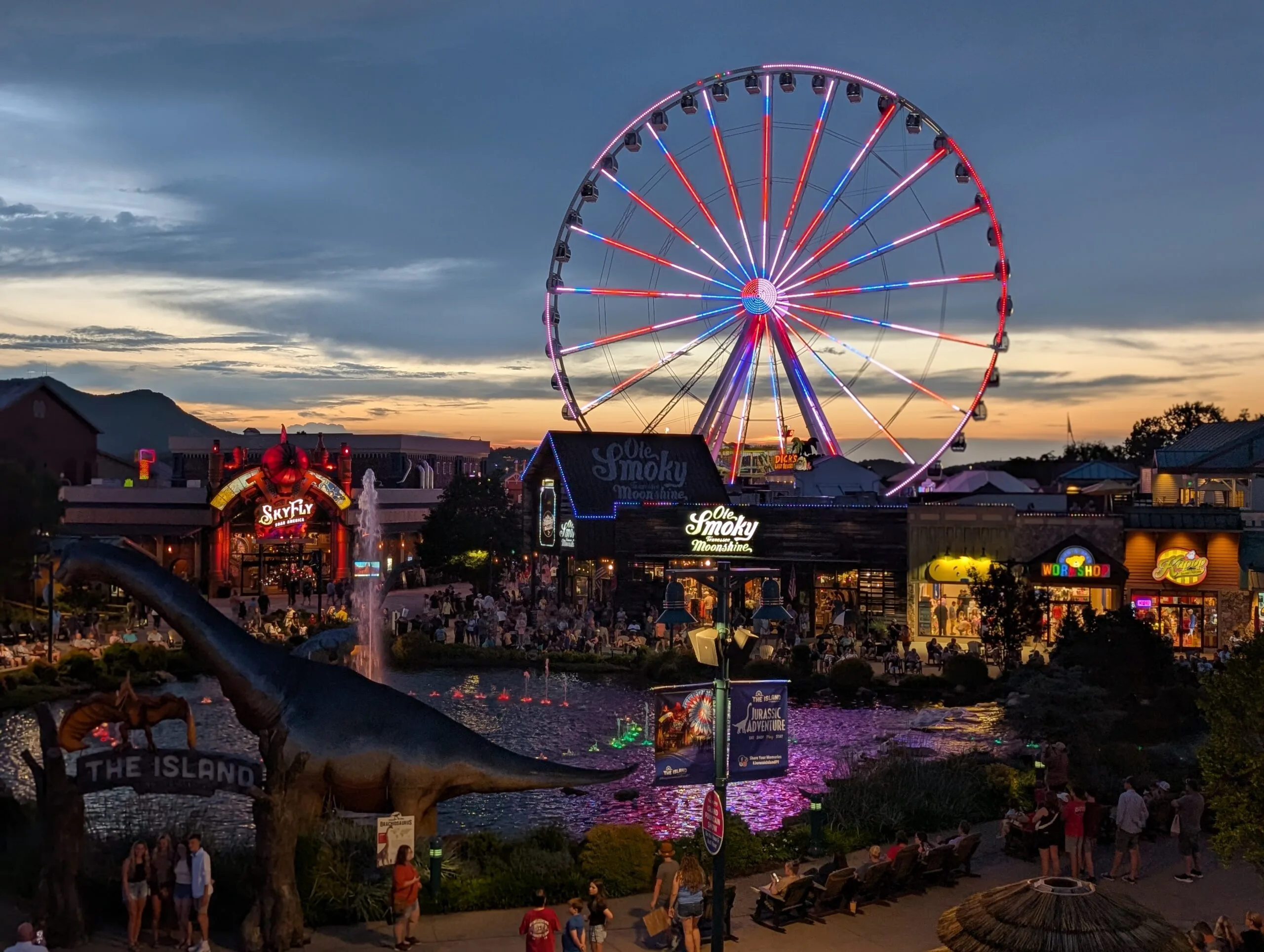 Nightview of the The Island Fountain area from a balcony at Margaritaville Island Hotel at The Island in Pigeon Forge, TN