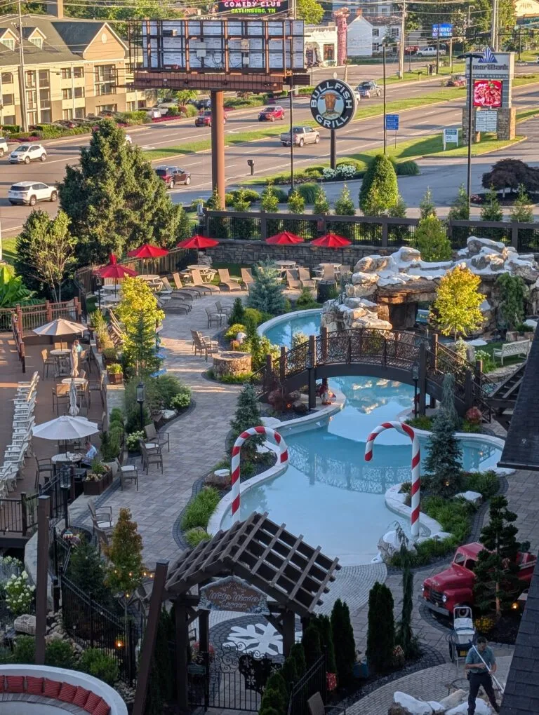 View from balony of the Winter Wonder lagoon area at the Inn at Christmas Place