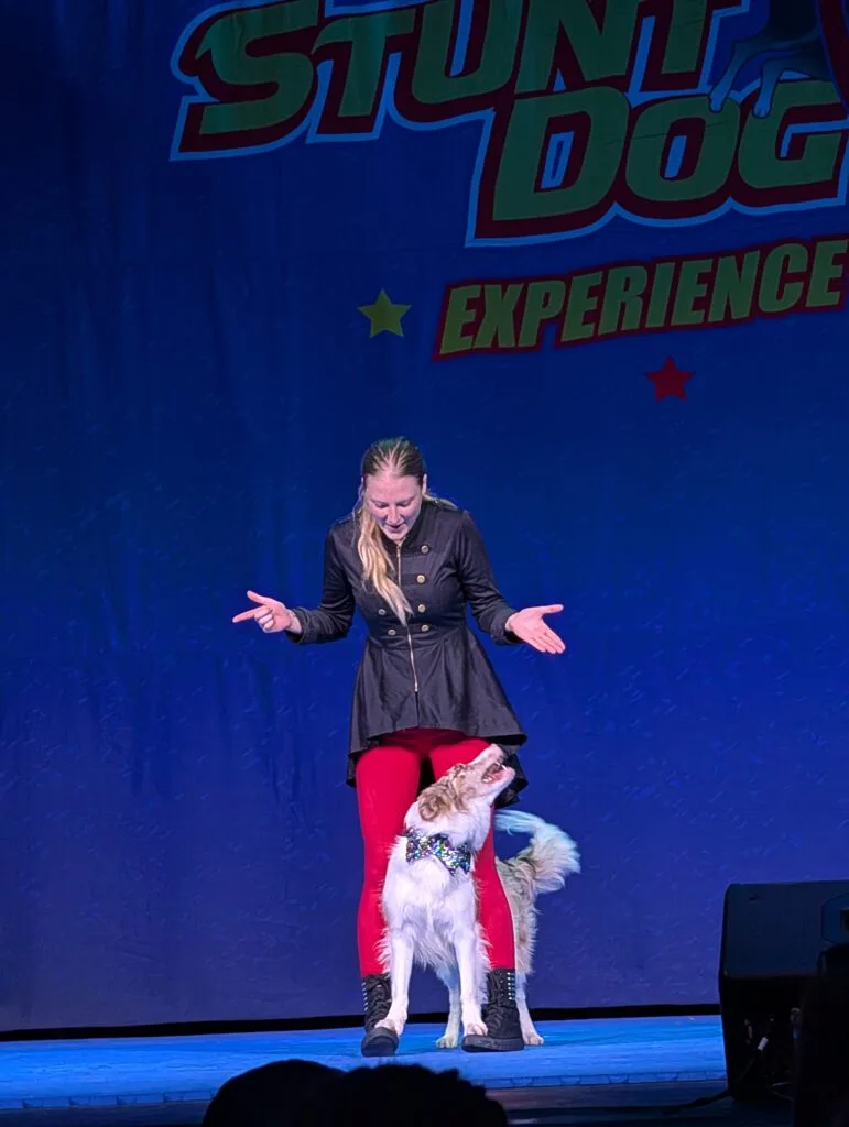Woman with a dog at the Perondi's Stunt Dog Experience at Dollywood