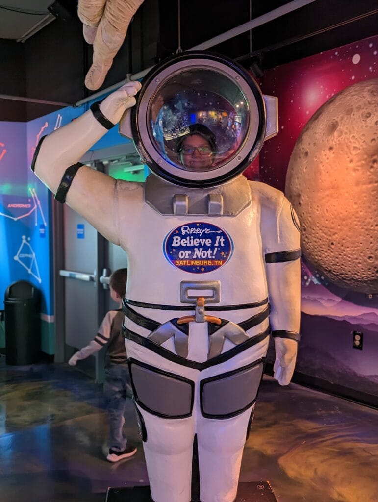 Child inside of astronaut suit at Riley's Believe it or not in Gatlinburg, TN Photo Credit: Lindsay Harvey-Simply Touring