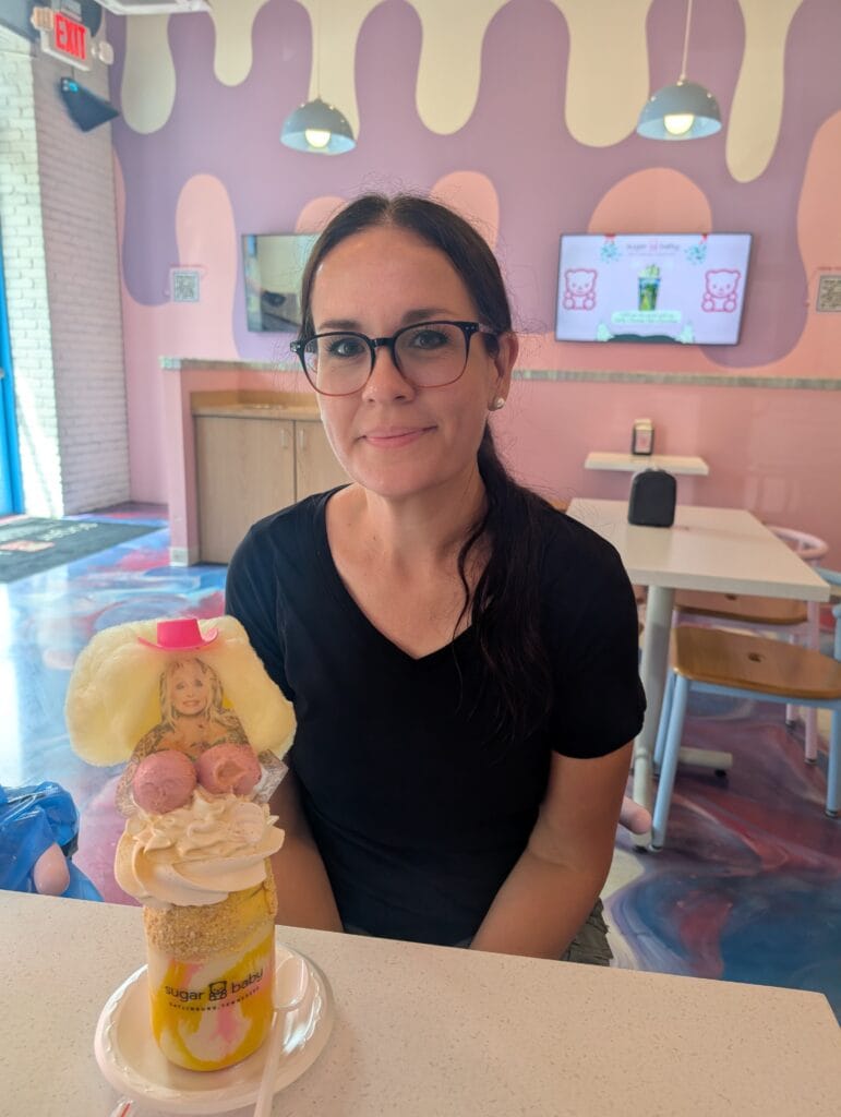 Lindsay Harvey with the Dolly Parton Milkshake at Sugar Baby in Gatlinburg, TN