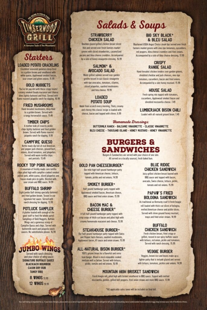 Page 1 of Menu at Timberwood Grill at The Island in Pigeon Forge, TN
Photo Credit: Timberwood Grill