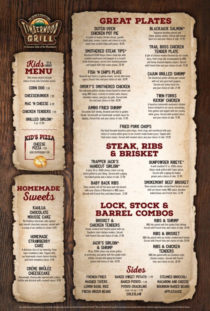 Page 2 of Menu at Timberwood Grill at The Island in Pigeon Forge, TN Photo Credit: Timberwood Grill