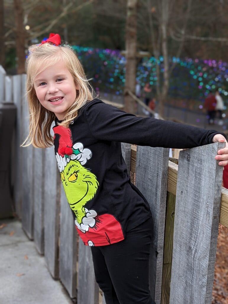 Dollywood Holiday Rope Drop Plan 6 Child in Grinch shirt at Dollywood's Smoky Mountain Christmas Festival
