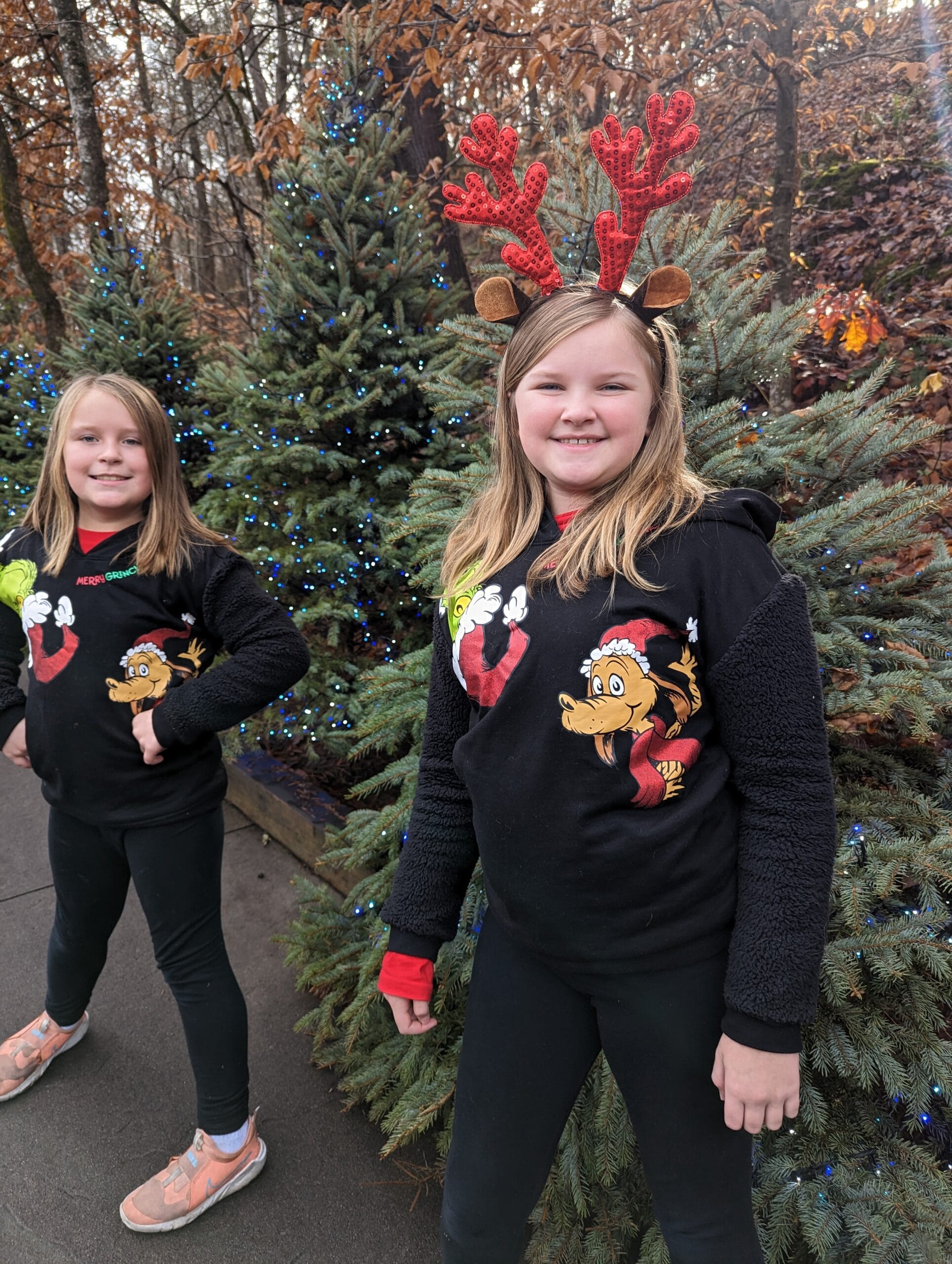Kids in front of lit trees at Dollywood's Smoky Mountain Christmas Festival