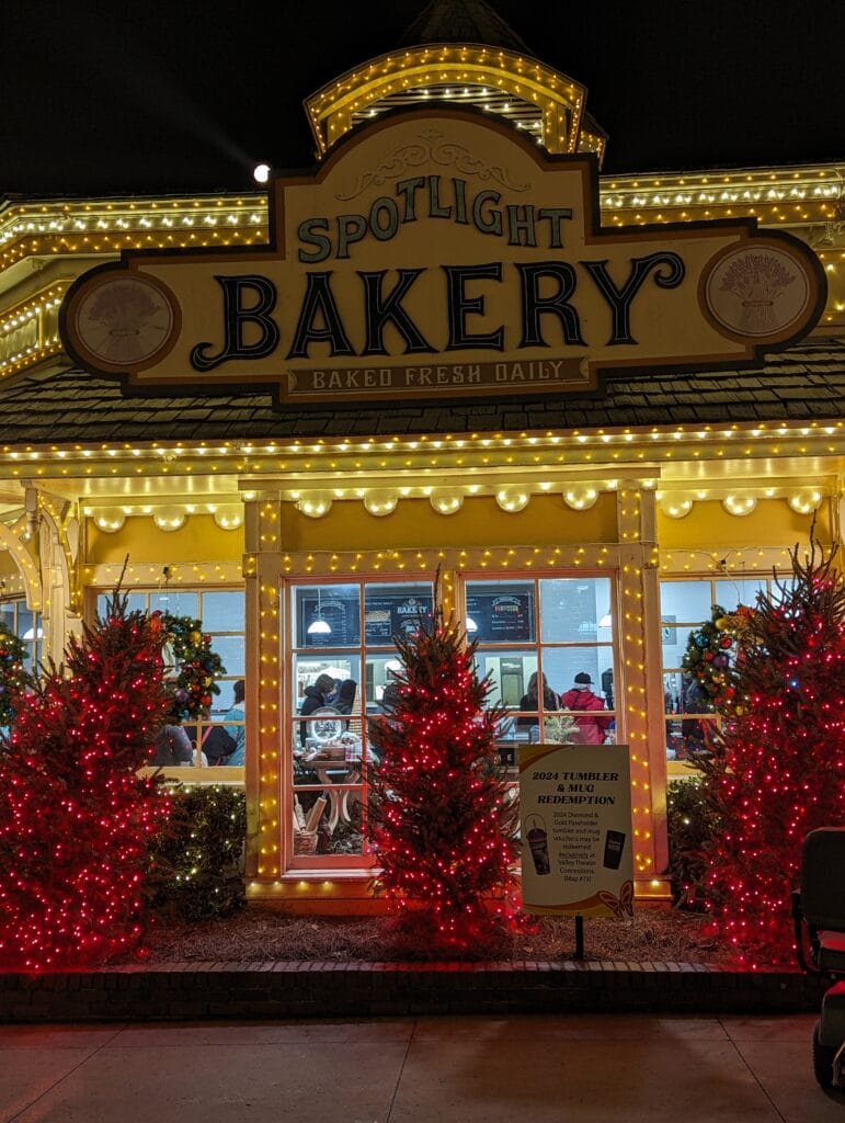 Spotlight Bakery lit up at Dollywood during Smoky Mountain Christmas Festival Photo Credit : Lindsay Harvey-Simply Touring