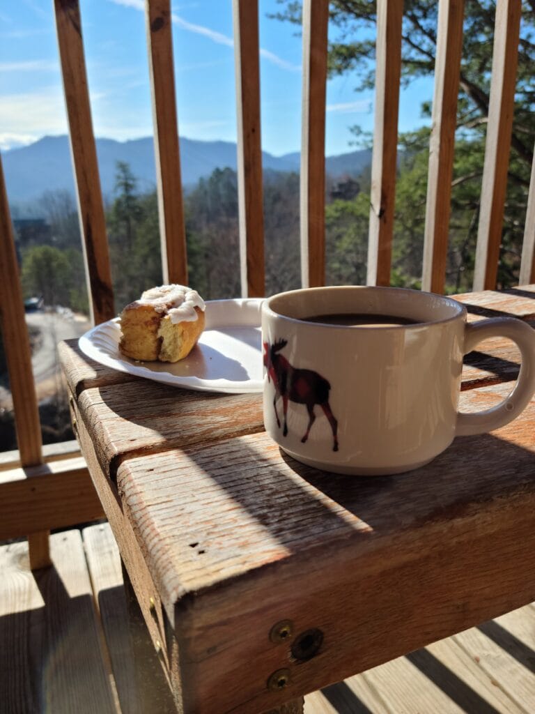 Sawmill Springs: A cozy retreat in the Smokies 7 Coffee and Cinnamon Bun on the deck at Sawmill Springs by American Patriot
