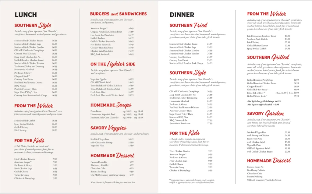 Old Mill Take Out Menu 2