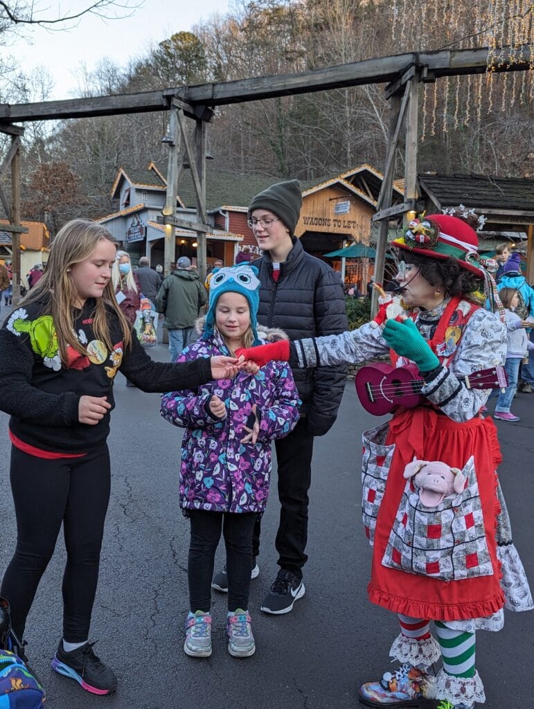 Teens with Mrs. Lillian at Dollywood during Smoky Mountain Christmas